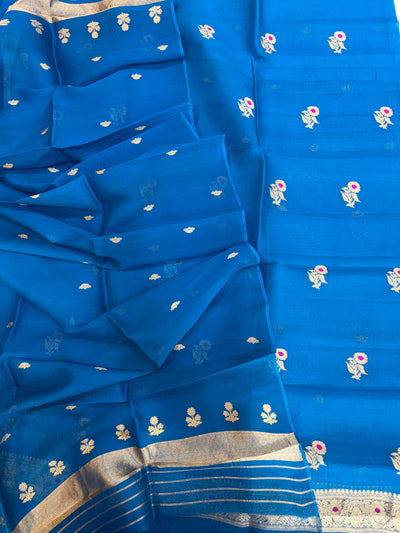 Pure Handloom Kora silk suit set in light German blue colour with meenakari work