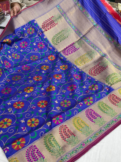 Royal blue pure handloom katan Banarasi silk saree with multi meena jaal & paithani muniya border