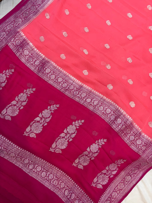 Beautiful Pure khaddi chiffon saree in beautiful contrast colour