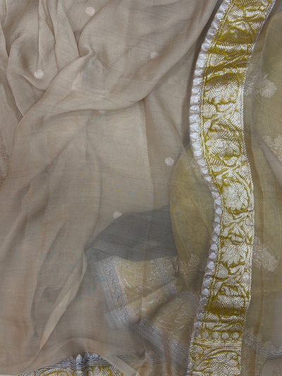 Contrast Pure khaddi chiffon Zari Border Buti saree