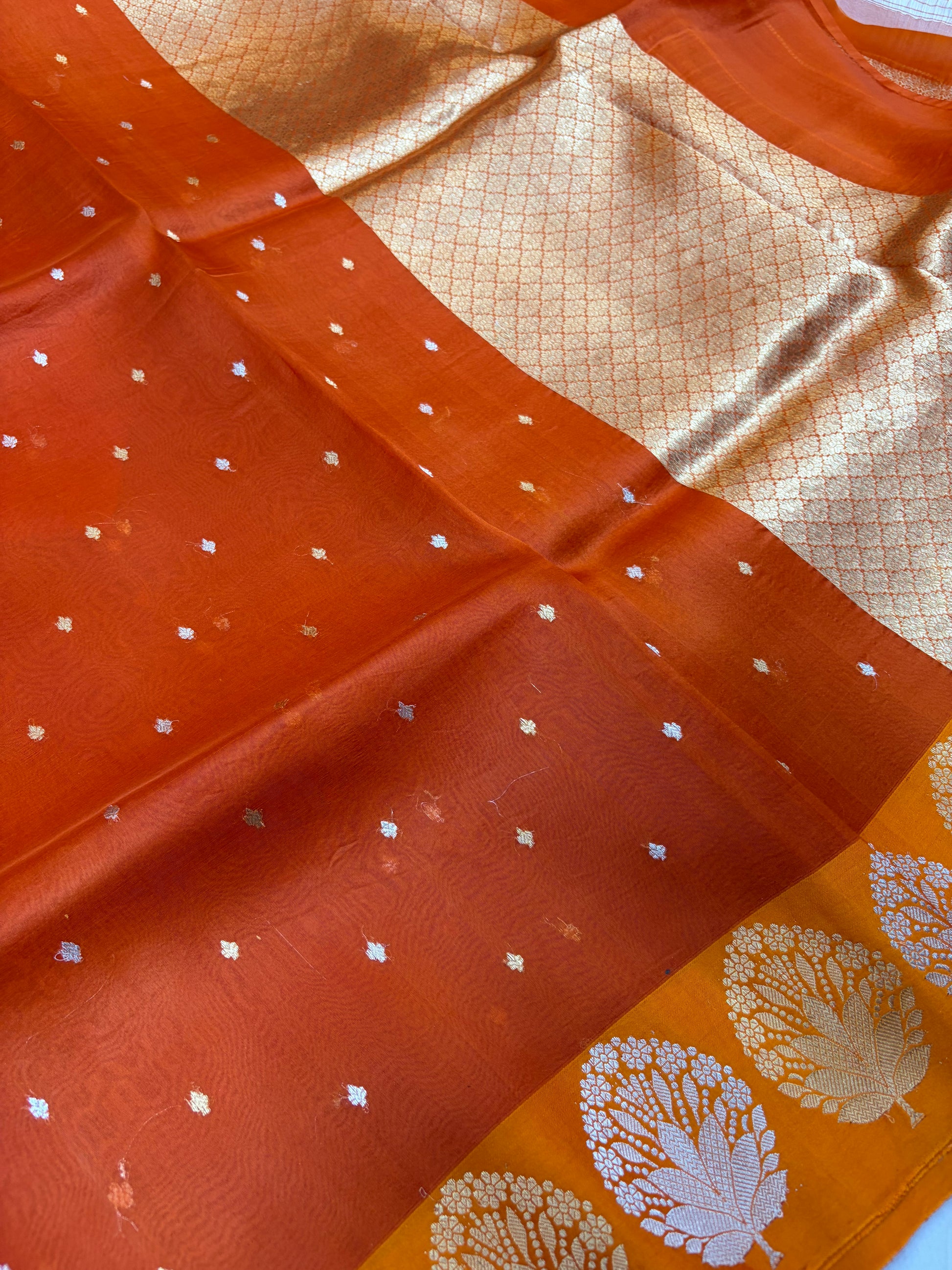 Pure handloom organza silk saree in dark Rust orange colour