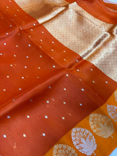 Pure handloom organza silk saree in dark Rust orange colour