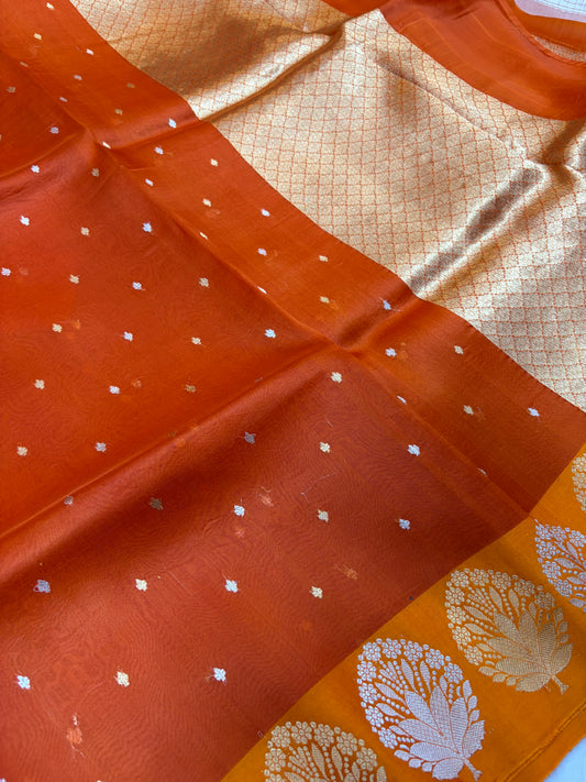 Pure handloom organza silk saree in dark Rust orange colour