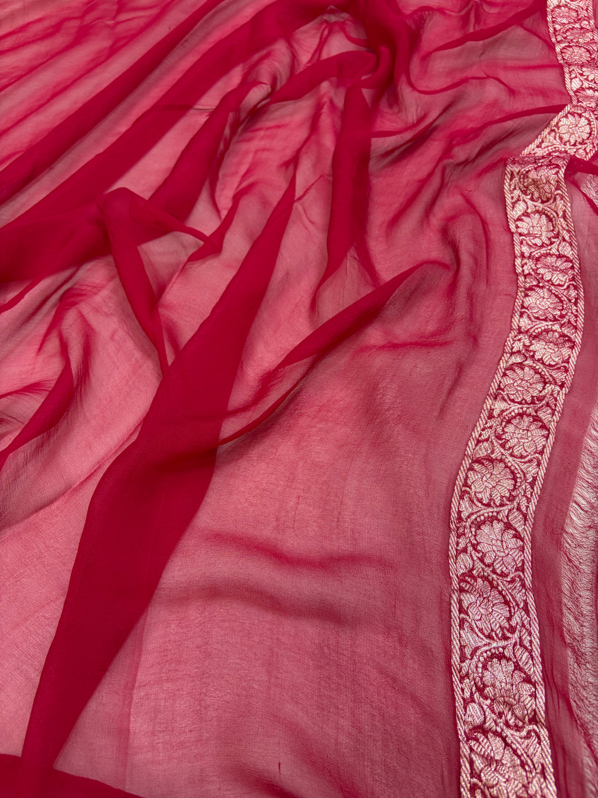 Maroon Red pure Khaddi Chiffon Banarasi Zari Border Saree