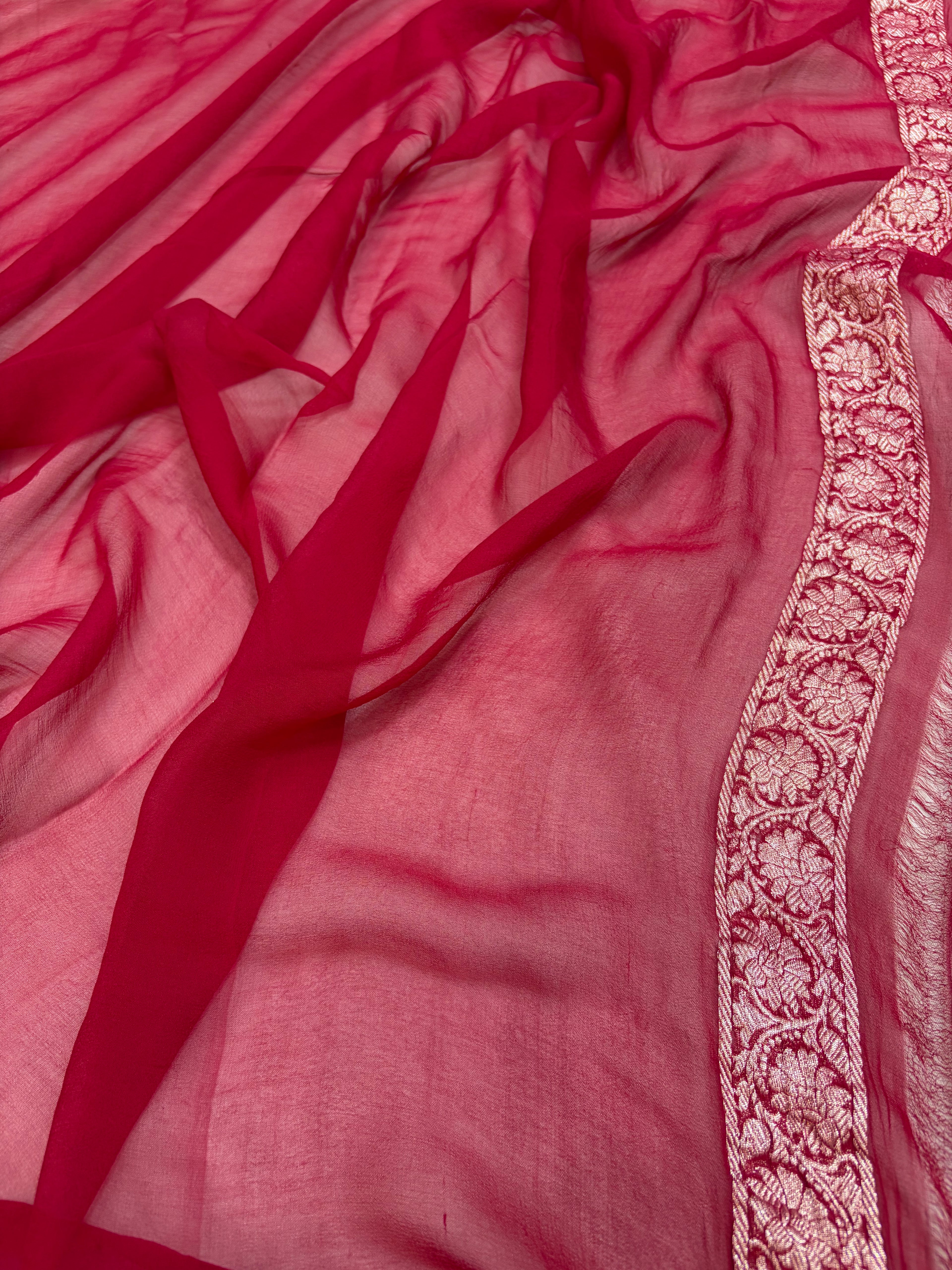 Maroon Red pure Khaddi Chiffon Banarasi Zari Border Saree