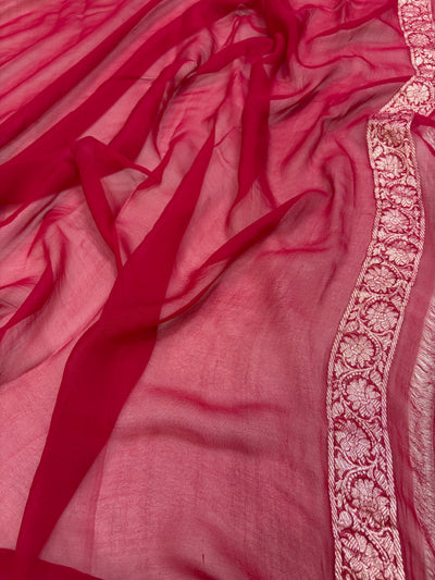 Maroon Red pure Khaddi Chiffon Banarasi Zari Border Saree