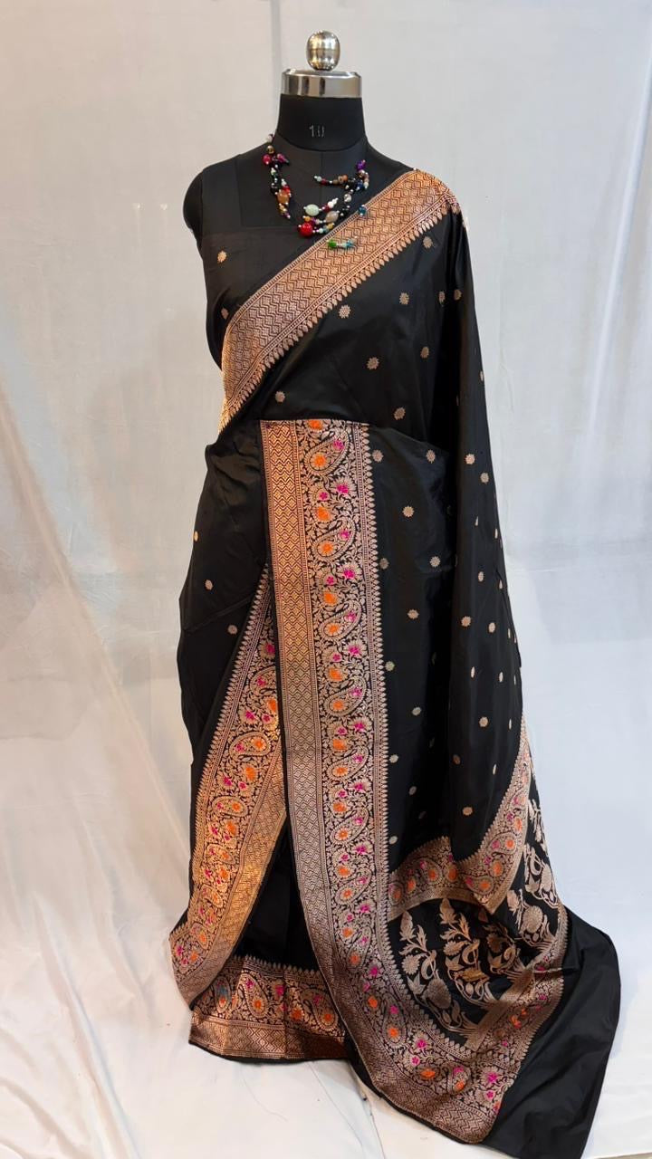 Pure meenakari katan silk saree in black colour