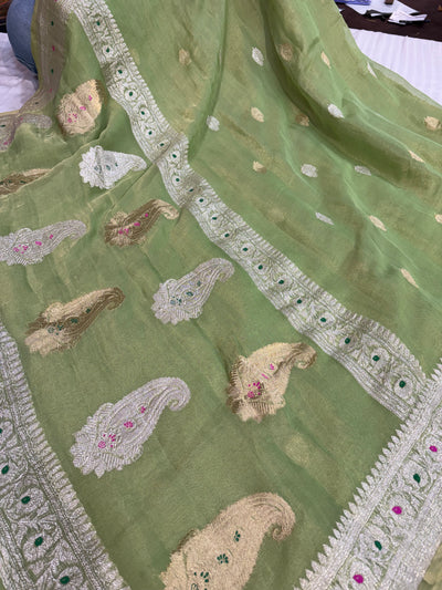 PURE KHADDI TISSUE SILK SAREE IN PISTA GREEN COLOUR