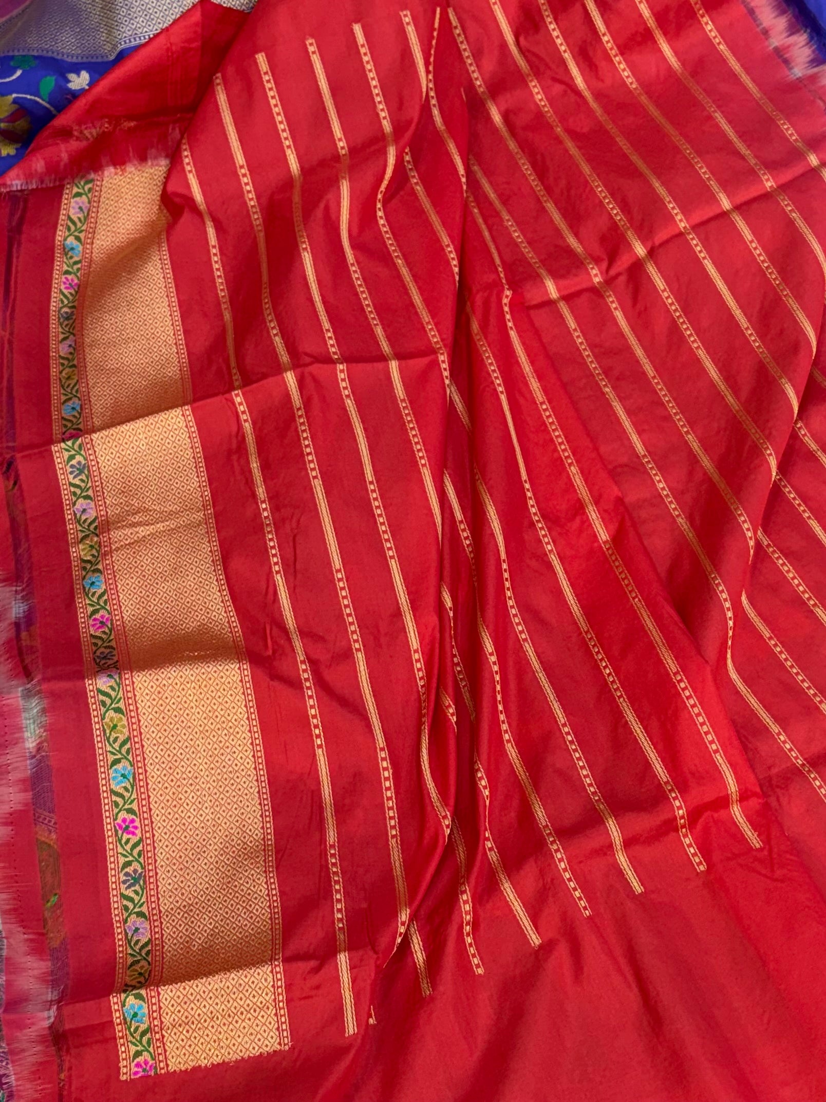 Royal blue pure handloom katan Banarasi silk saree with multi meena jaal & paithani muniya border