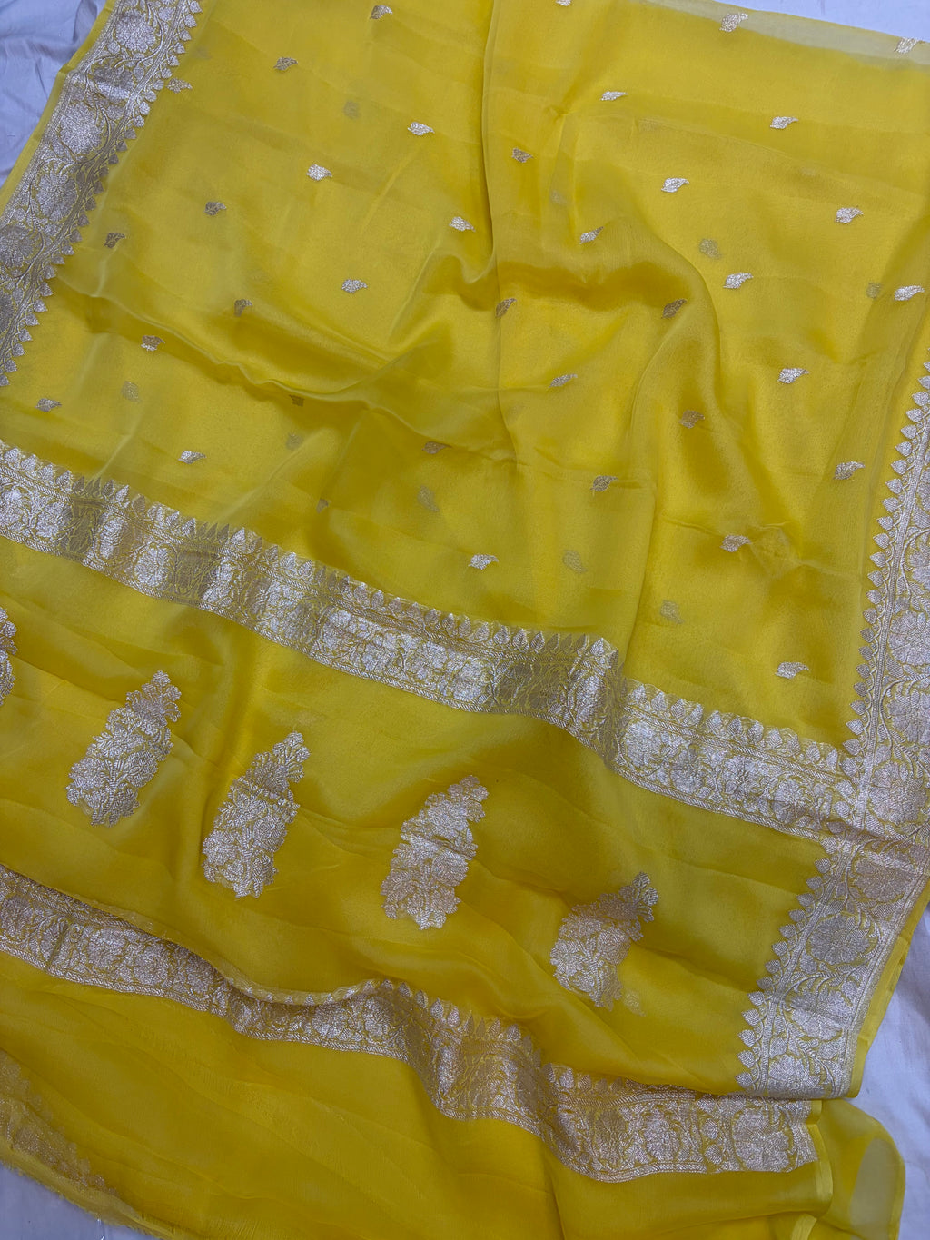 Lemon Yellow  Pure Khaddi Chiffon Banarasi Border Booti Saree