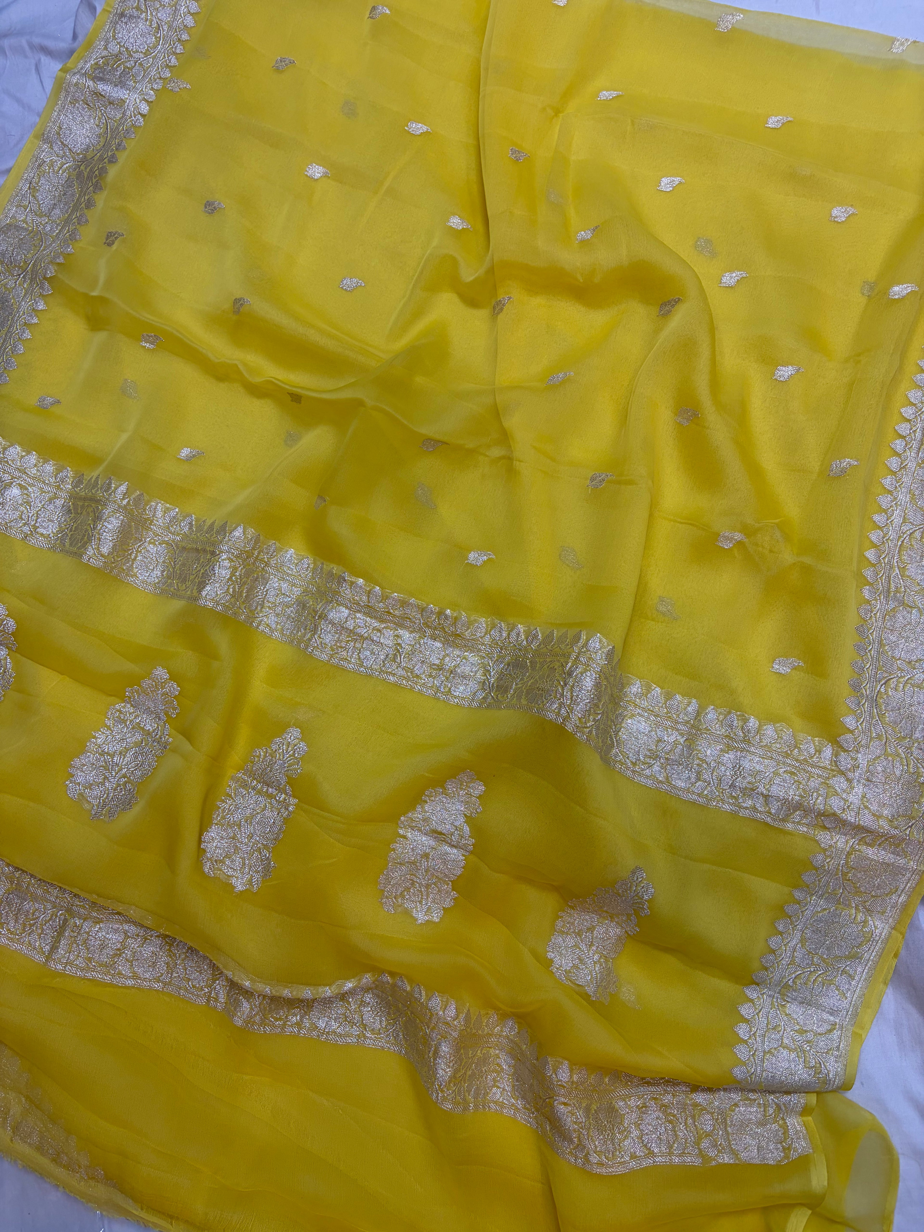 Lemon Yellow  Pure Khaddi Chiffon Banarasi Border Booti Saree