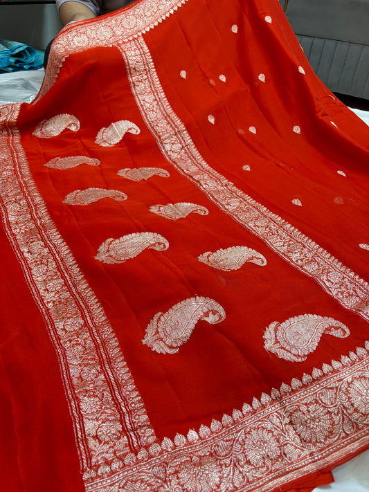 Pure khaddi chiffon saree in rust colour