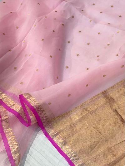 Pure handloom organza silk saree In Baby pink colour with Ranj piping border