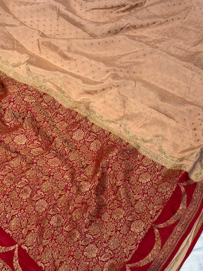 Pure khaddi crepe silk saree in Peach with Red colour