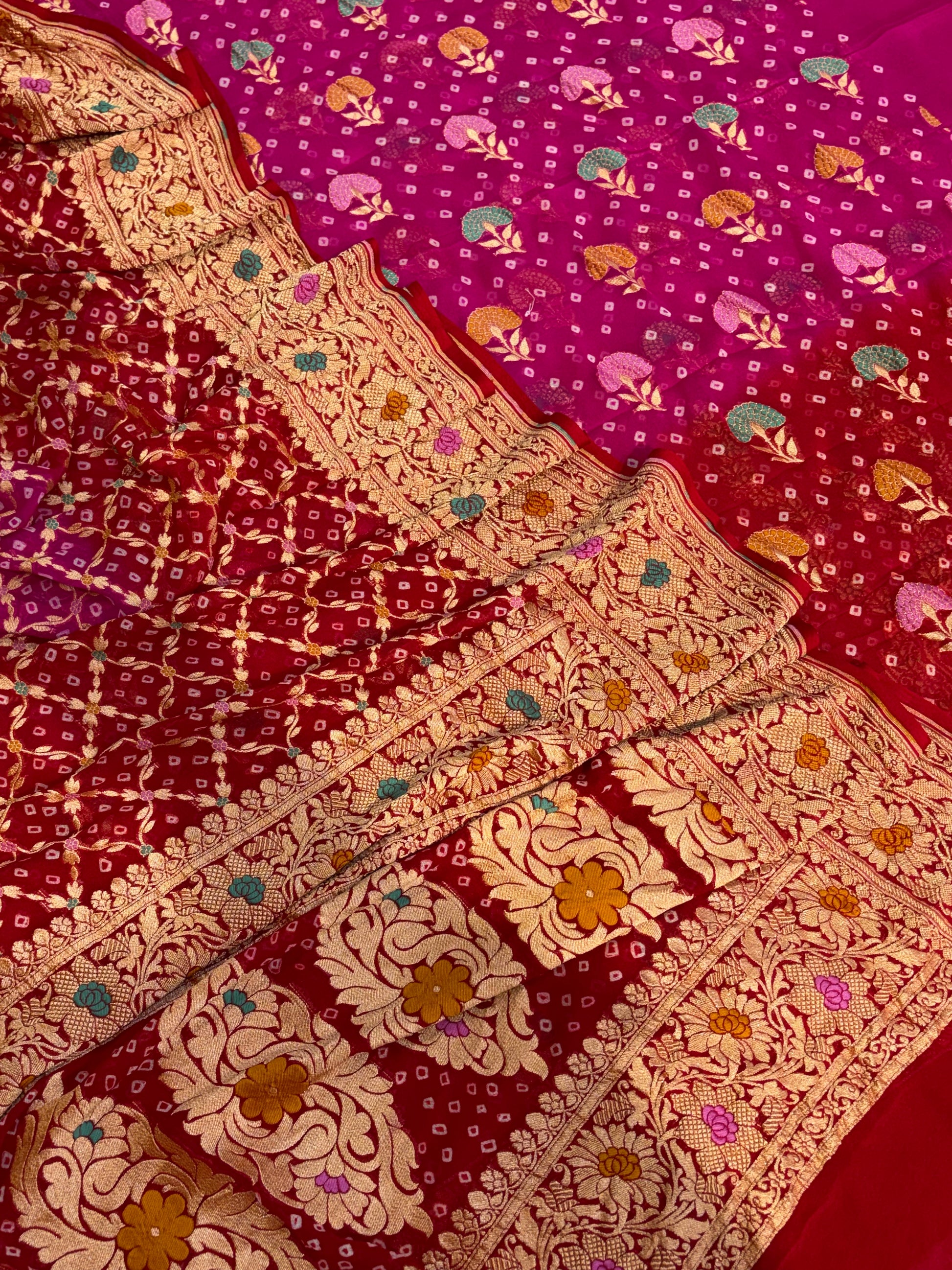 Pure georgette bandhani suit in Rani pink with maroon red colour