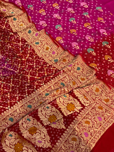 Pure georgette bandhani suit in Rani pink with maroon red colour