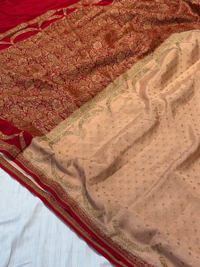 Pure khaddi crepe silk saree in Peach with Red colour