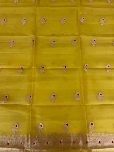 Pure Handloom Kora silk suit set in lemon yellow colour with meenakari work