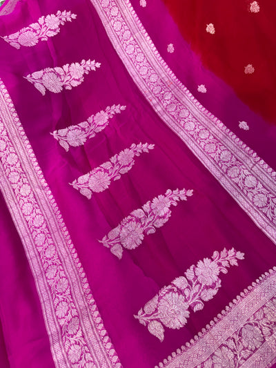 Pure khaddi chiffon saree in red with Rani colour combination