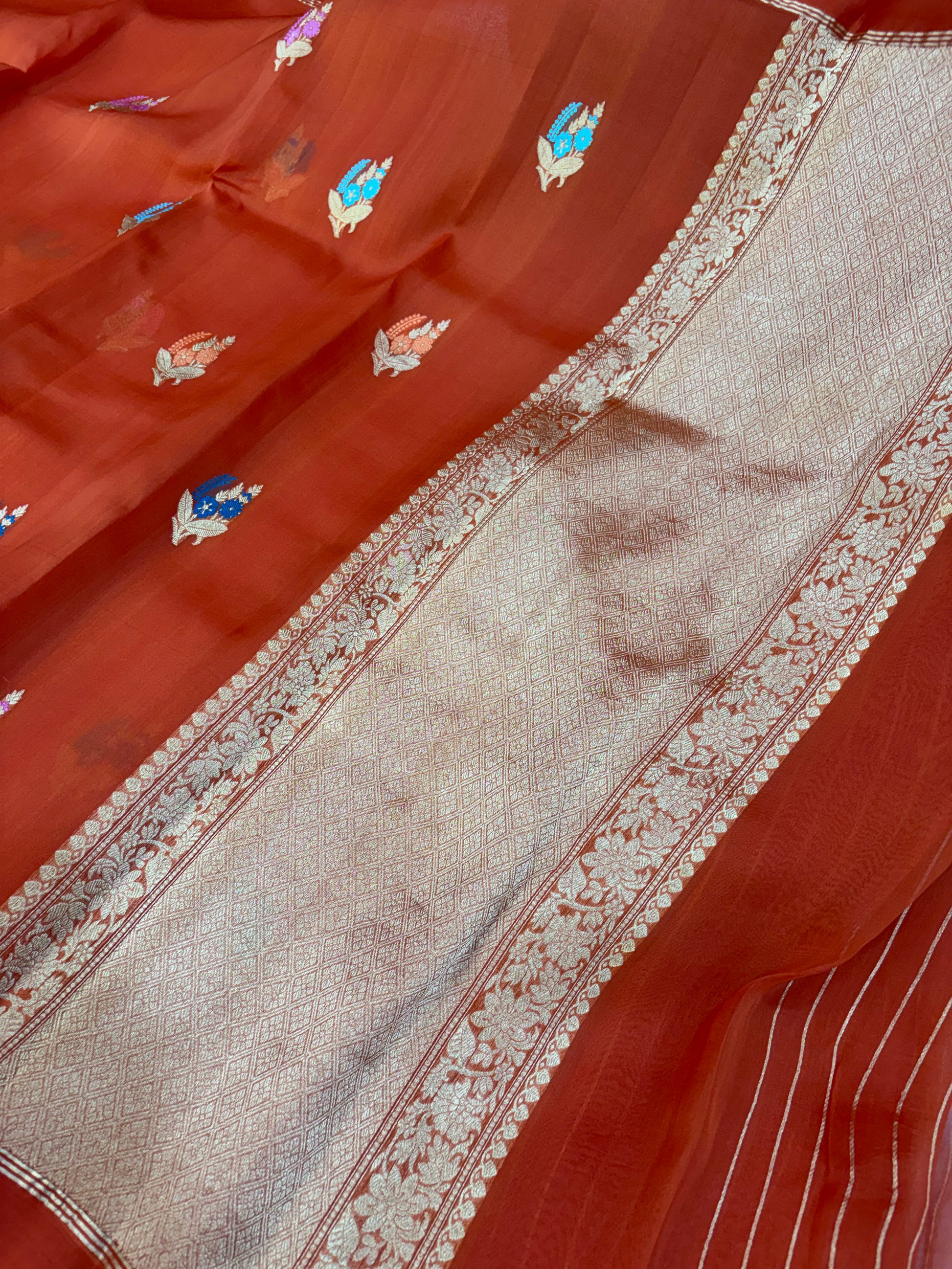 Pure handloom organza silk saree in rust orange  colour
