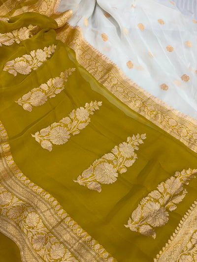 Pure khaddi chiffon saree with gold zari work in off white with olive yellow colour