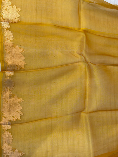 Pure handloom kora silk saree in gold yellow colour