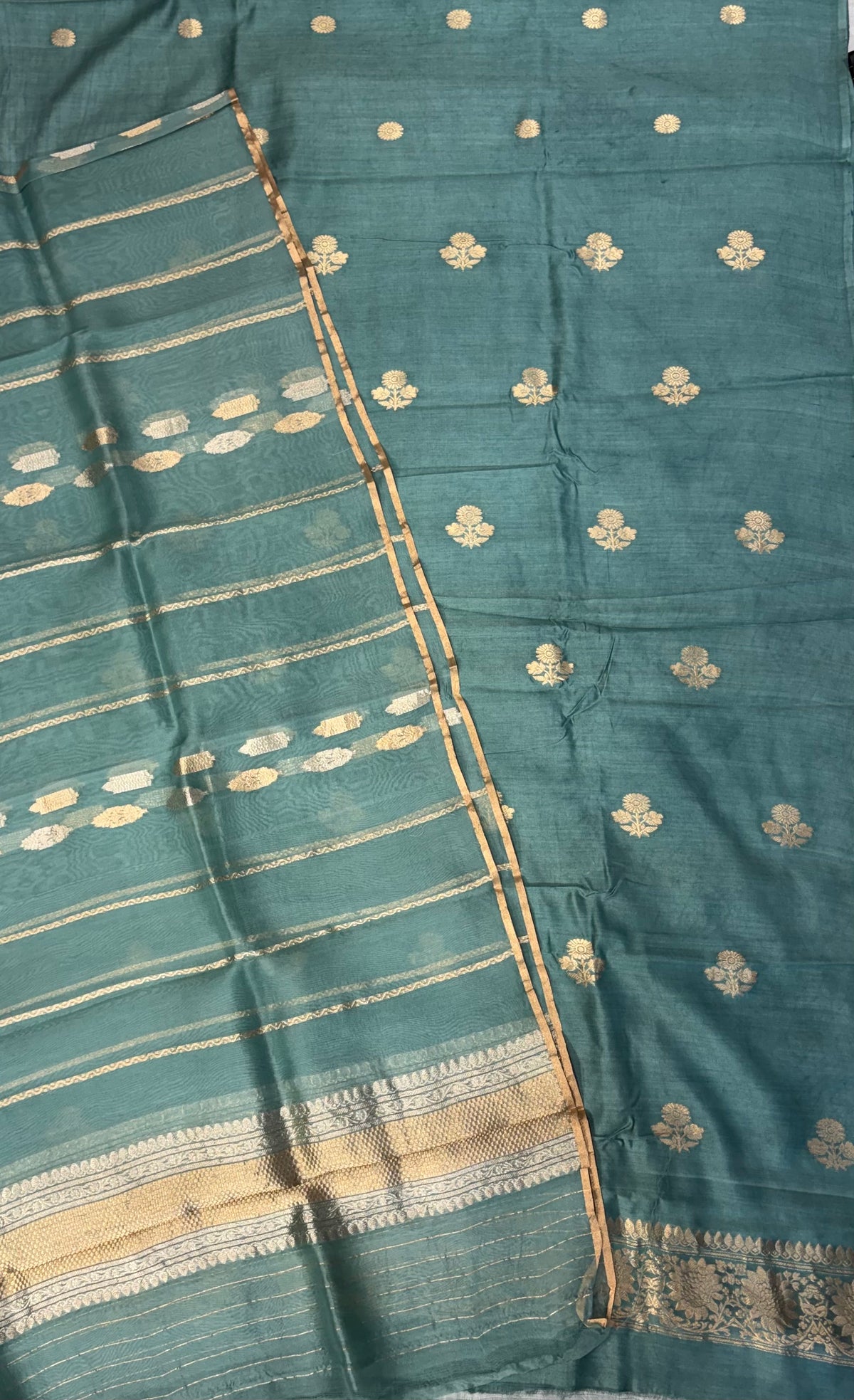 Pure handwoven Chiniya silk suit in teal green colour