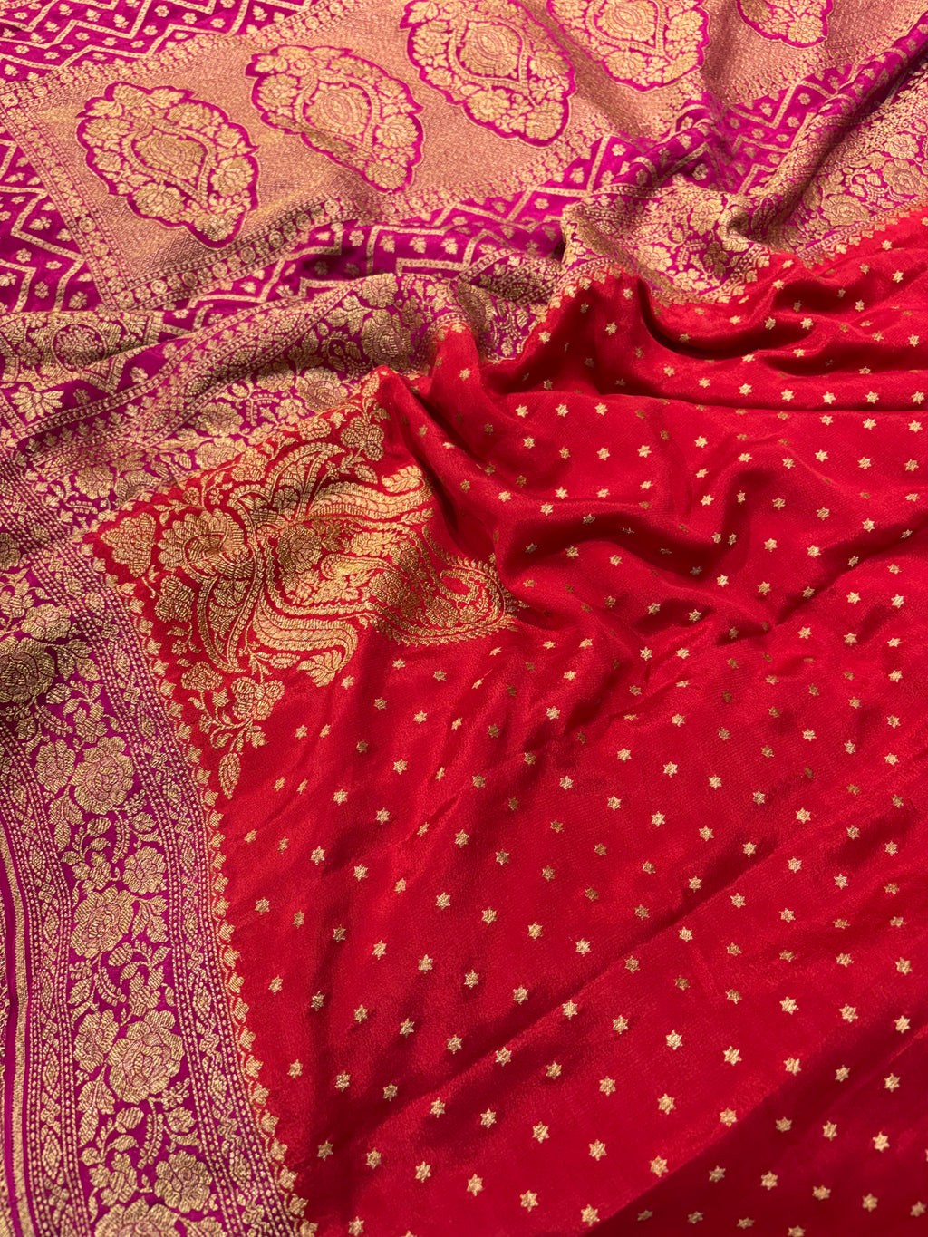 Pure khaddi crepe silk saree in blood red with rani pink colour