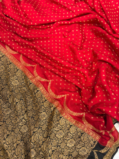 Pure khaddi crepe silk saree in red with black colour combination