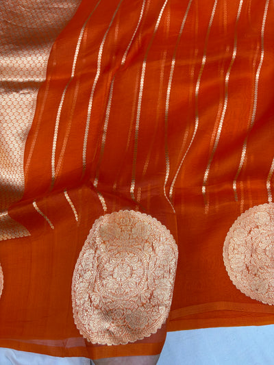 Pure handloom organza silk saree in orange colour