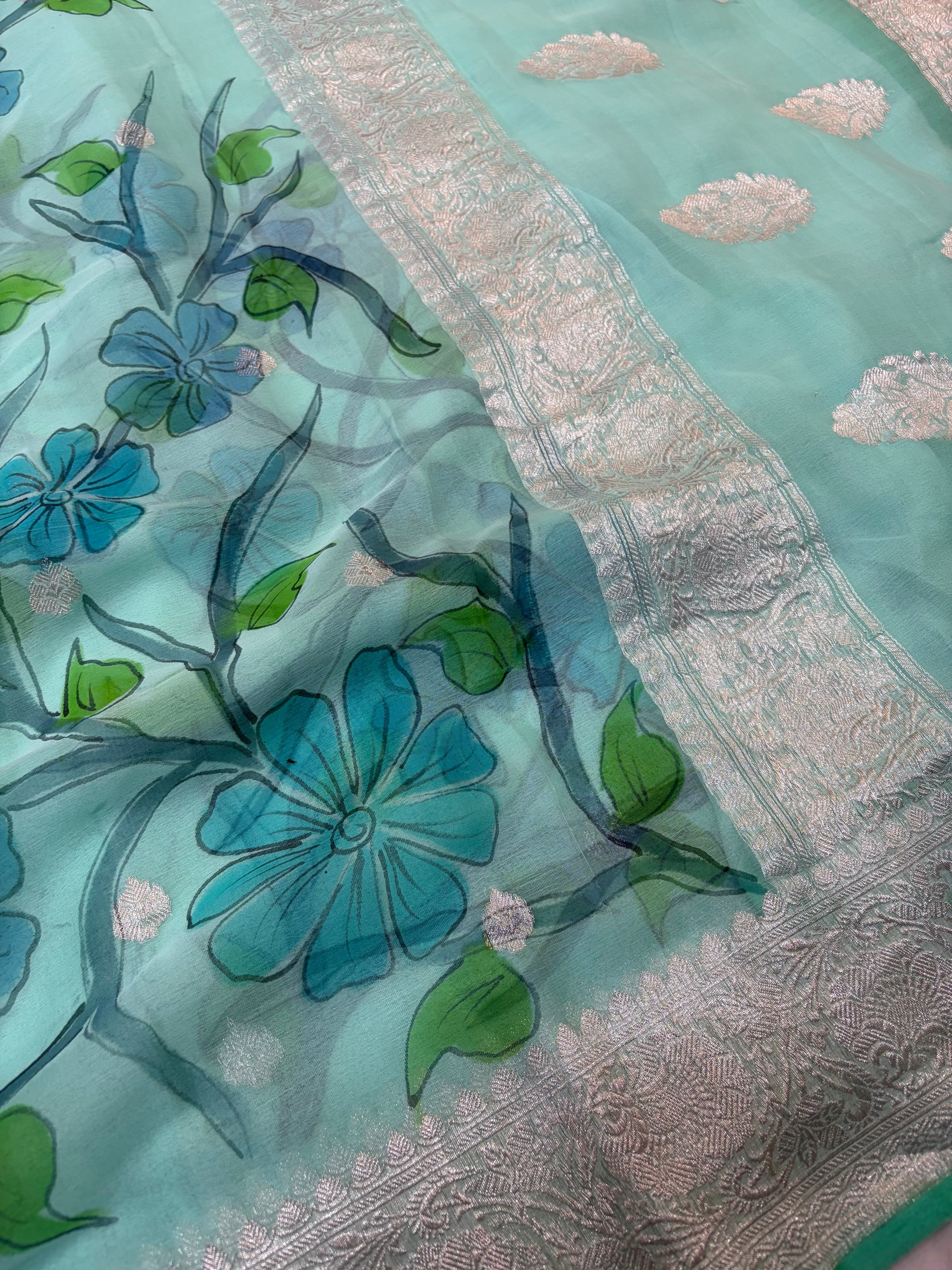 Cgreen hand painting pure Khaddi Chiffon Banarasi Zari Border Saree