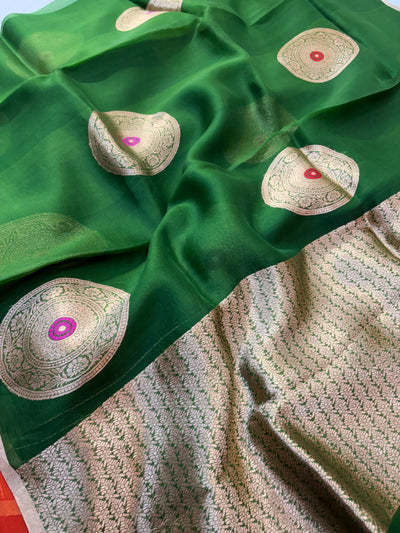 Pure handloom organza silk saree in green colour