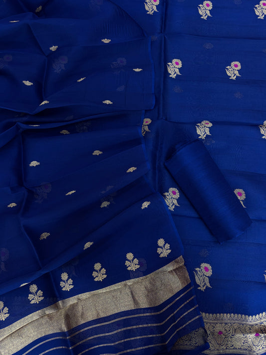 Pure Handloom Kora silk suit set in German blue colour with meenakari work
