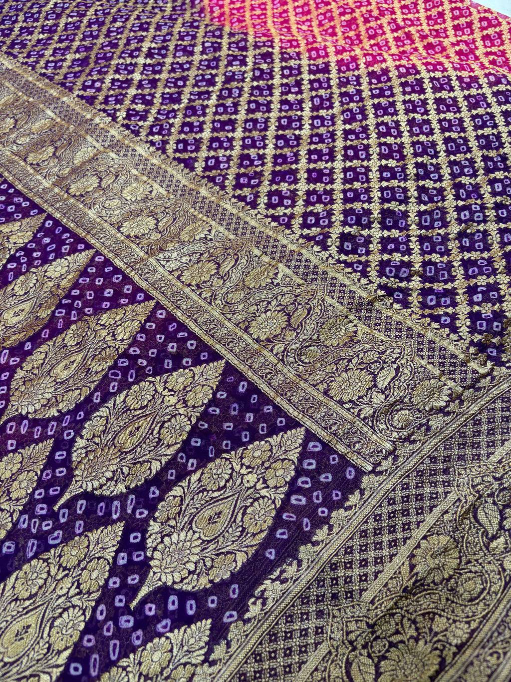 Pure Georgette Bandhani Zari Banarasi Border Saree
