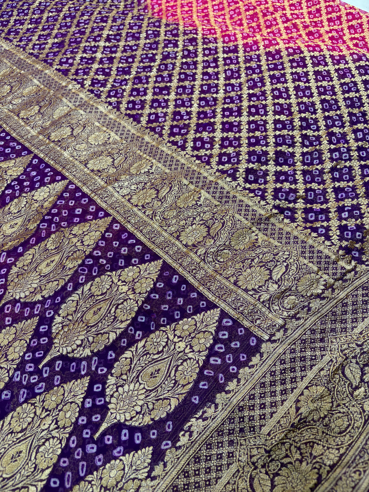 Pure Georgette Bandhani Zari Banarasi Border Saree