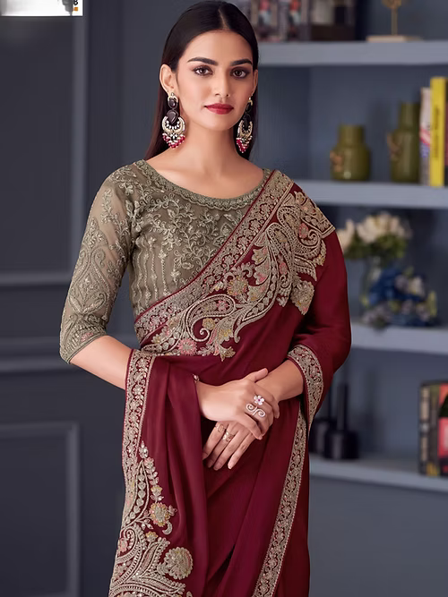 Maroon Embroidered Satin Silk Saree