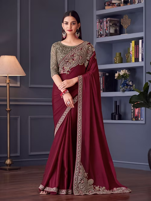 Maroon Embroidered Satin Silk Saree