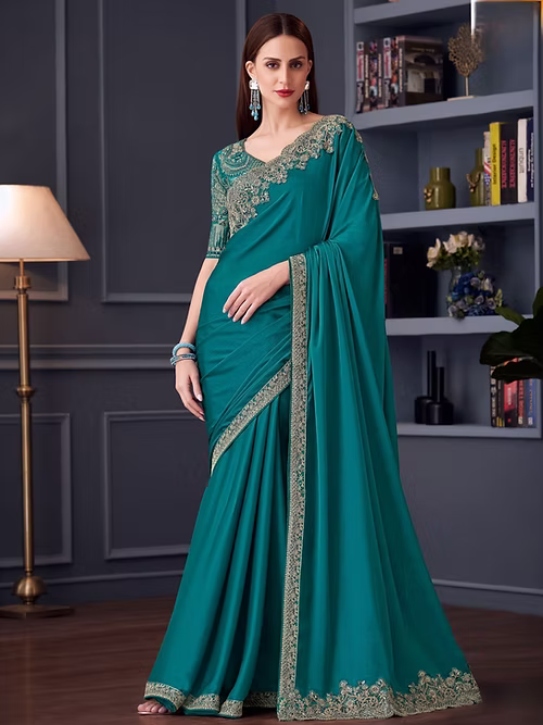 Dark Aqua Embroidered Chiffon Silk Saree