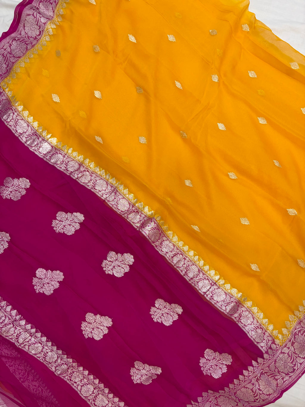 Pure khaddi chiffon saree in mustard with Rani colour