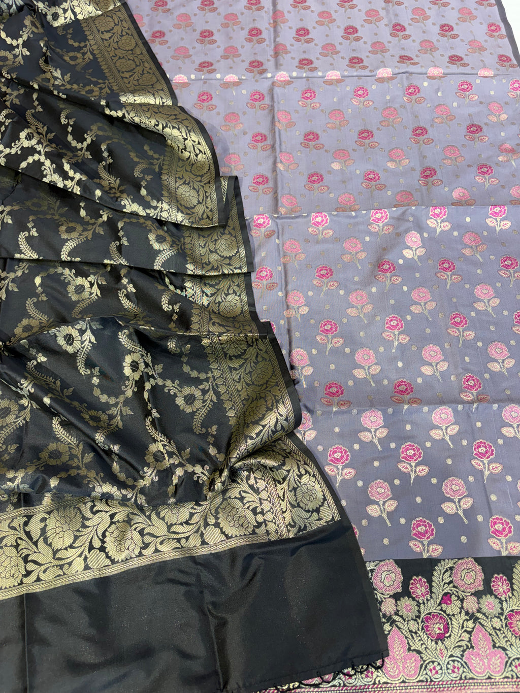 Banarasi soft silk suit in powder  with black colour