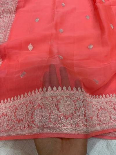 Pure khaddi chiffon saree in peach orange colour