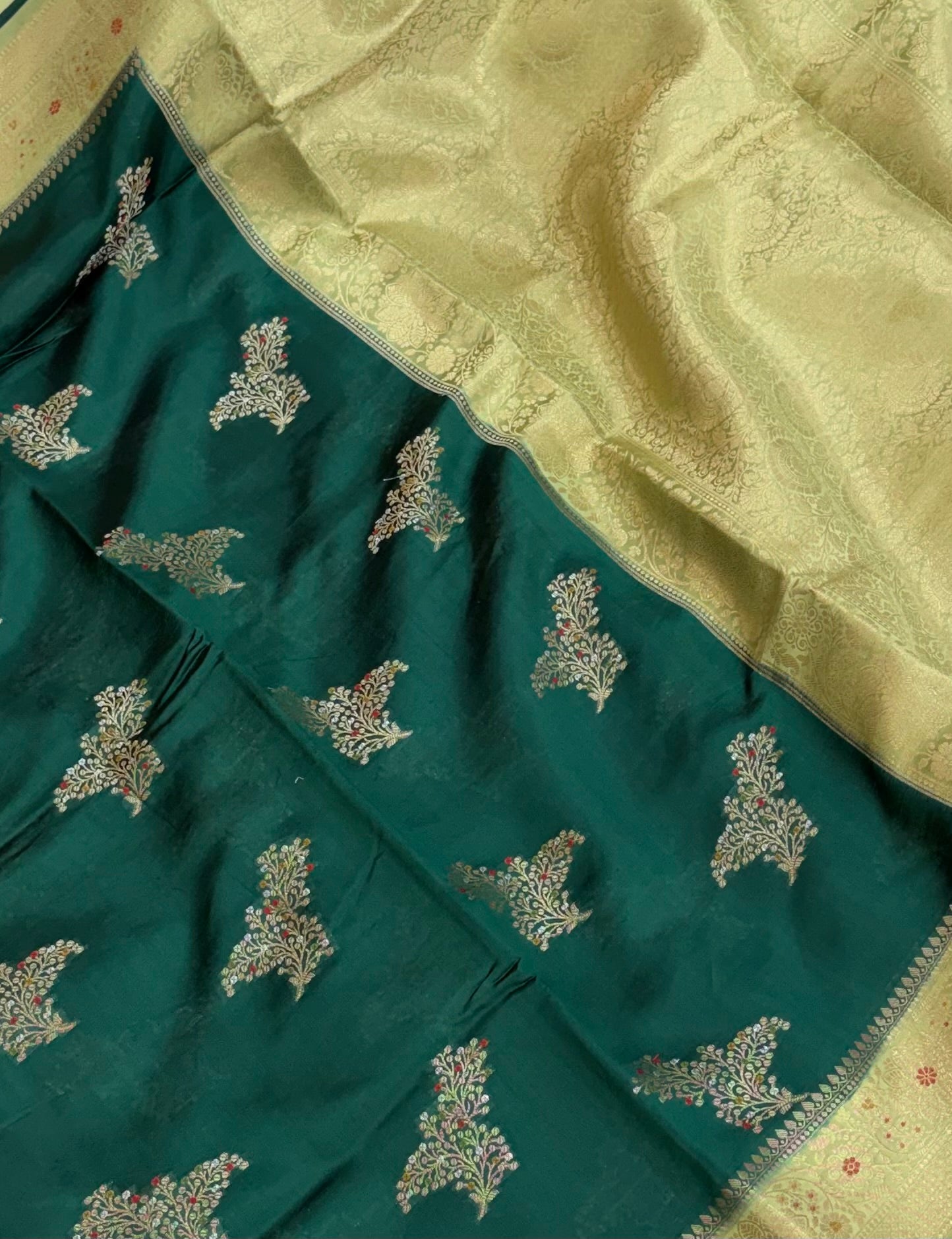 Pure raw mango saree in bottle green with pistachio green colour combination