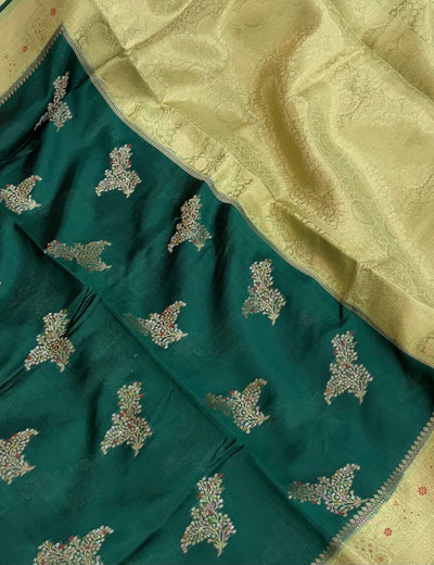 Pure raw mango saree in bottle green with pistachio green colour combination