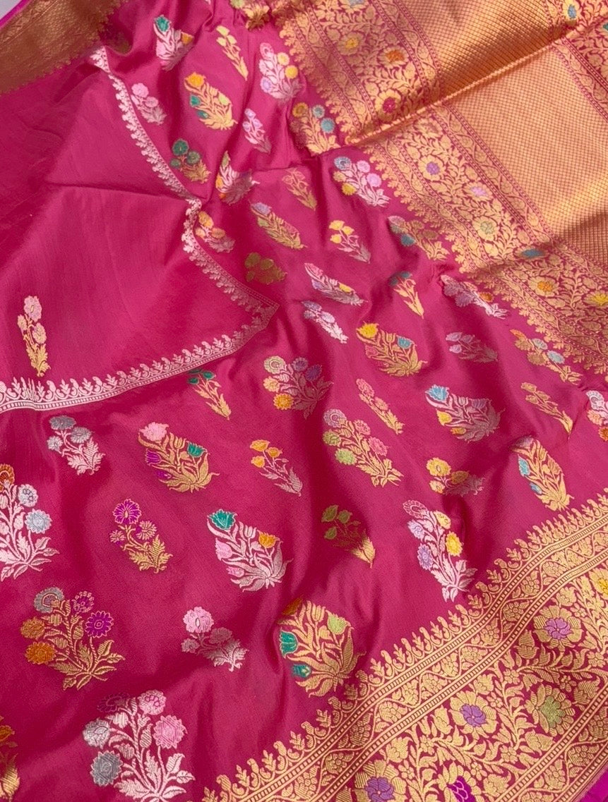 Pure katan silk saree in hot pink colour with multiple meenakari work