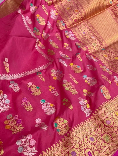 Pure katan silk saree in hot pink colour with multiple meenakari work
