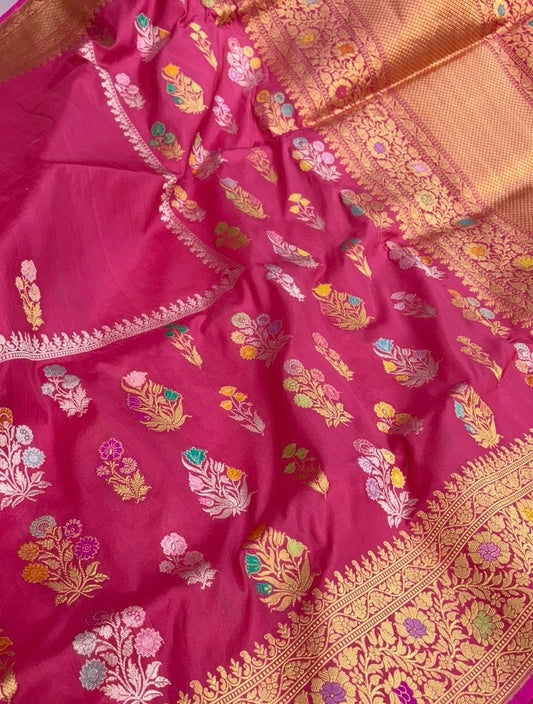 Pure katan silk saree in hot pink colour with multiple meenakari work