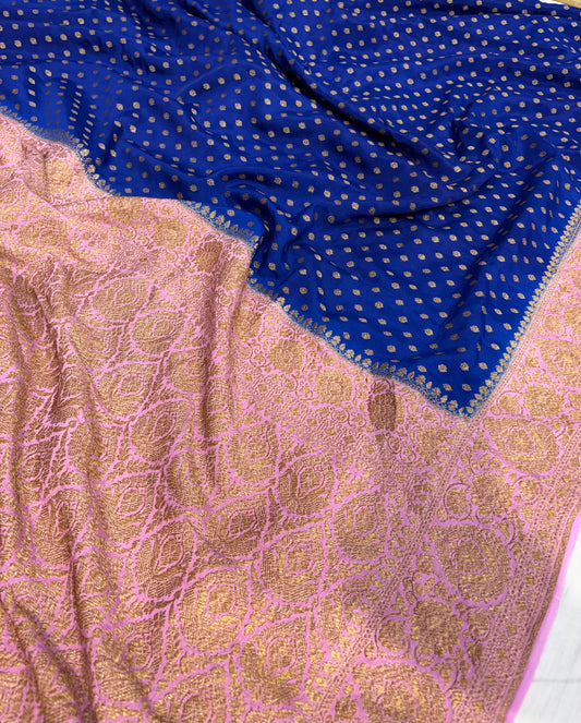 Pure khaddi crepe silk saree in Royal blue with baby pink colour