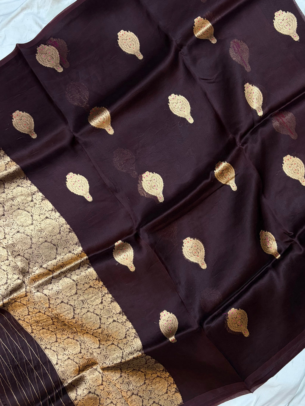 Pure handloom organza silk saree in dark brown colour