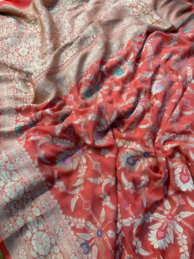 Premium Pure georgette silk sarees in beautiful peach orange colour with all over Meena work