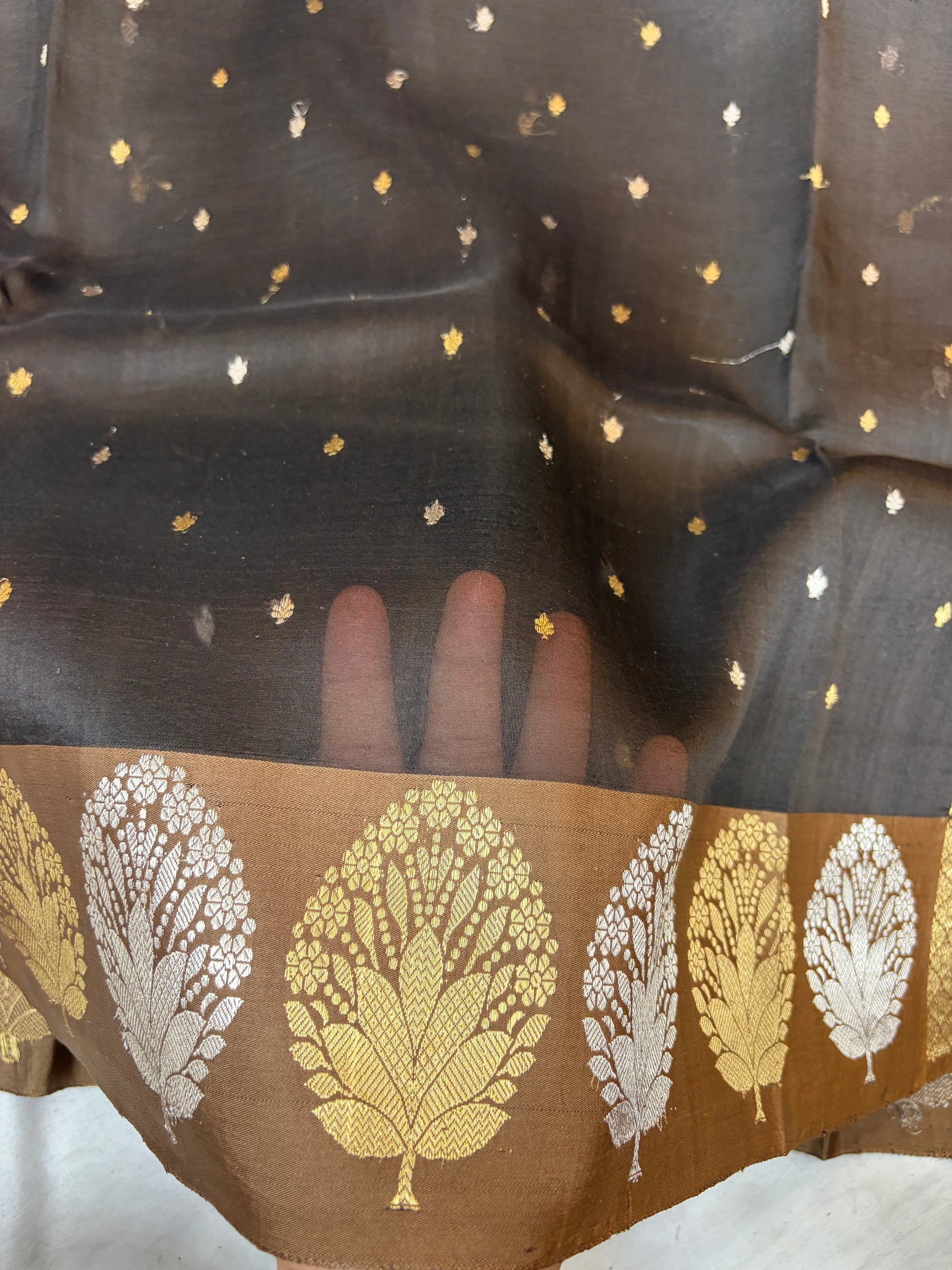 Pure handloom organza silk saree in dark brown colour